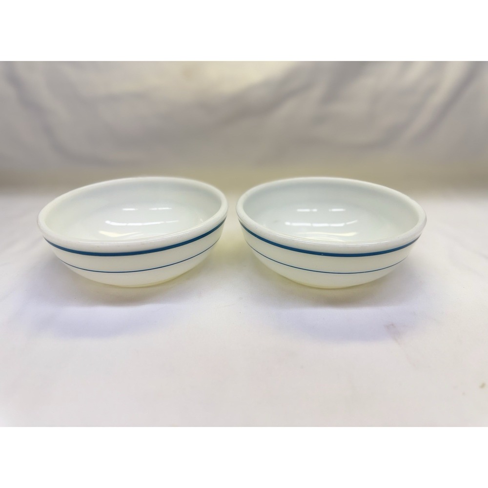 Corning Decor Dinner Ware Milk Glass Bowls White w/ Teal Stripes Set of 2 USA